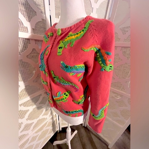 ALLIGATOR CARDIGAN SWEATER MICHAEL SIMON SMALL RETRO CROCODILE ANIMAL PRINT - Picture 6 of 16